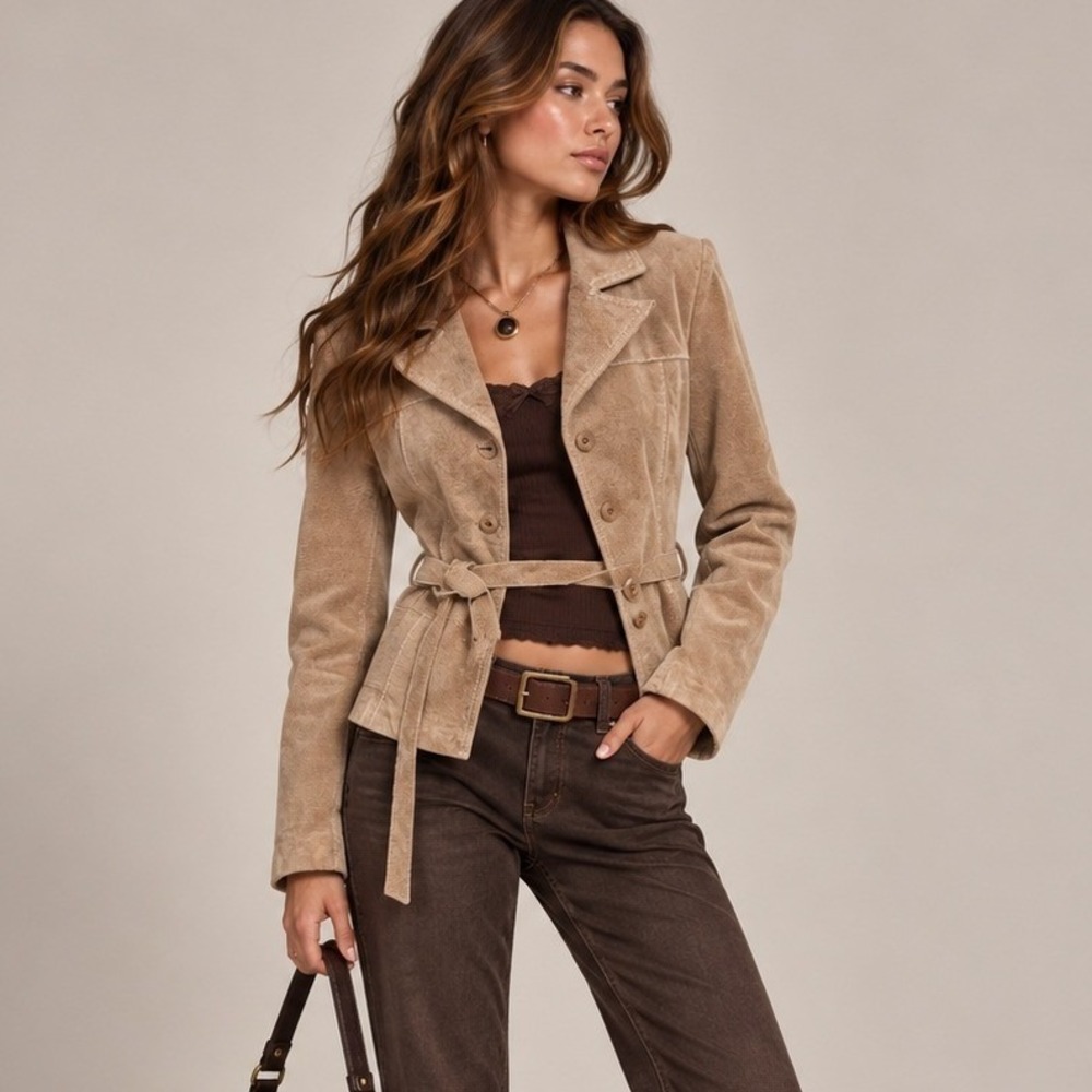 Wilsons Leather Tan Suede Belted Jacket Vintage Y2K M Boho Vintage Fall